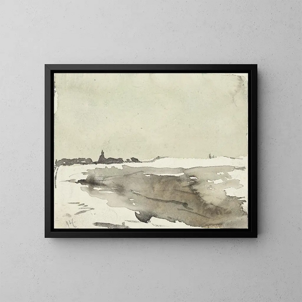 Paesaggio invernale con chiesa lontano - Adolf le Comte — quadro incorniciato alla parete