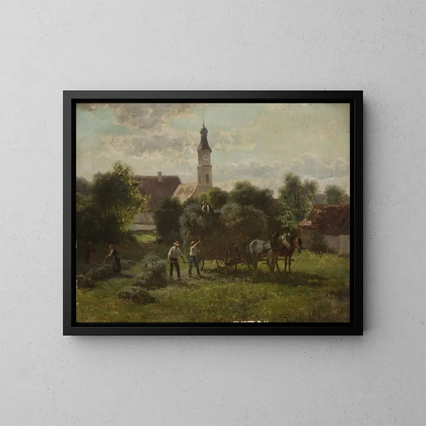 Trasporto di fieno con vista sul villaggio e sulla chiesa - Adolf van der Venne — quadro incorniciato alla parete