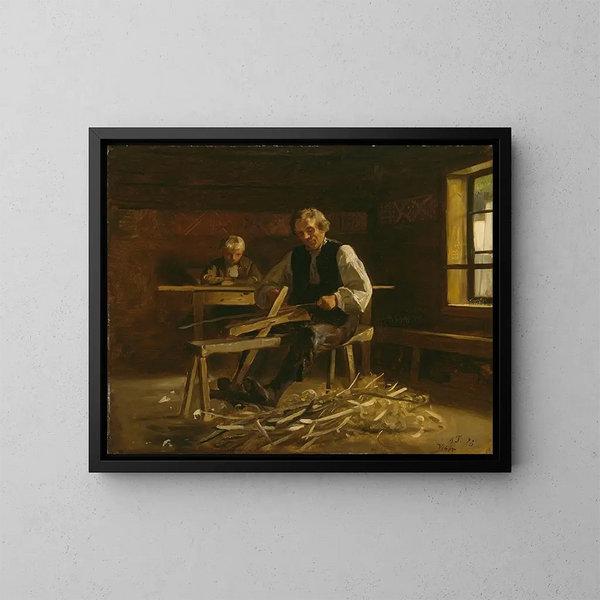 Interno di Viky con un contadino che crea cerchi di botte - Adolph Tidemand — quadro incorniciato alla parete