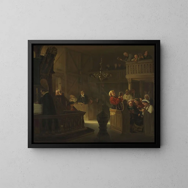 Service in una chiesa di campagna norvegese - Adolph Tidemand — quadro incorniciato alla parete