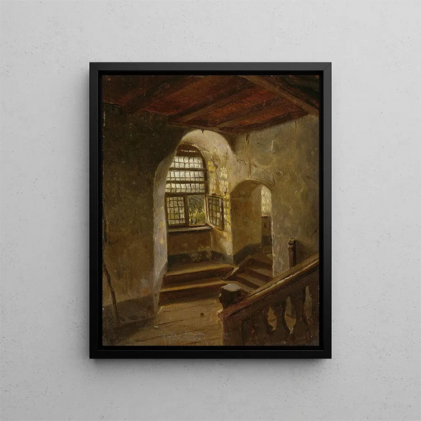 Scala in un castello sul fiume Reno - Adolph Tidemand — quadro incorniciato alla parete