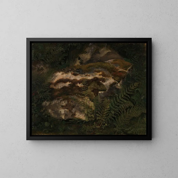 Studio di una pietra coperta di muschio e felci - Adolph Tidemand — quadro incorniciato alla parete