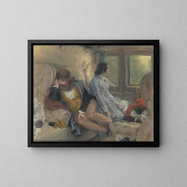 In un vagone ferroviario dopo un viaggio notturno - Adolph von Menzel — quadro incorniciato alla parete