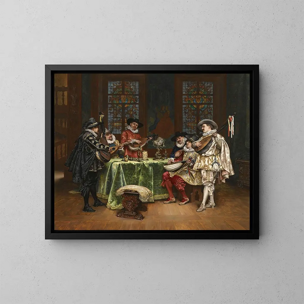 Interno con trovatori - Adolphe Alexandre Lesrel — quadro incorniciato alla parete