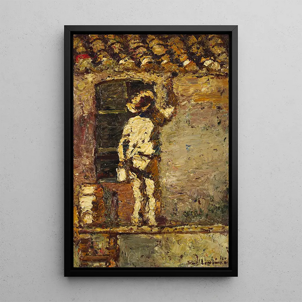 Un pittore che lavora su un muro di casa - Adolphe Monticelli — quadro incorniciato alla parete