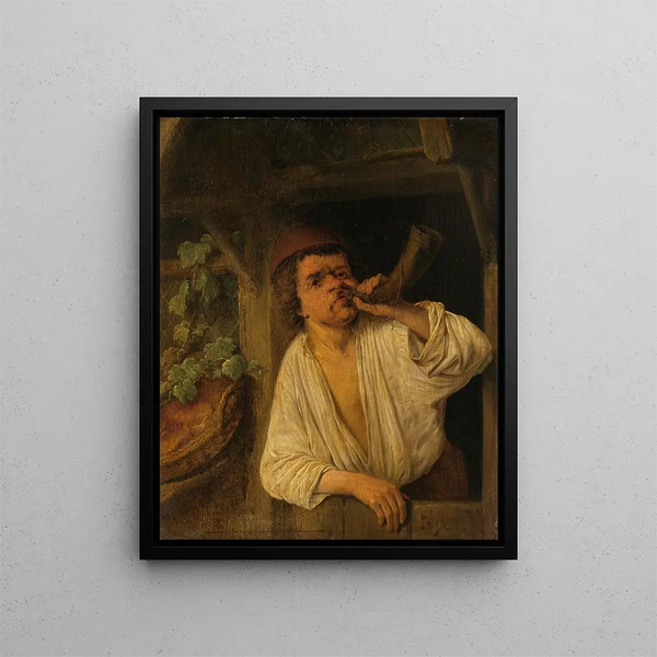 Un fornaio che suona la tromba - Adriaen van Ostade — quadro incorniciato alla parete