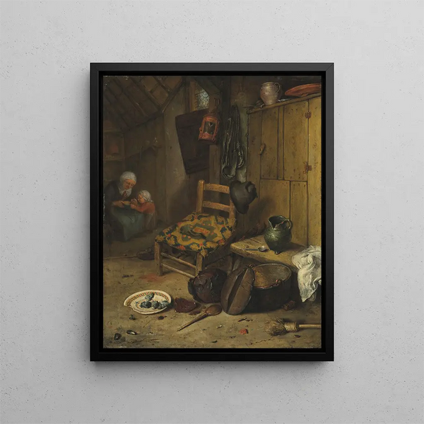 Interno di una cucina con una madre e suo figlio - Adriaen van Ostade — quadro incorniciato alla parete