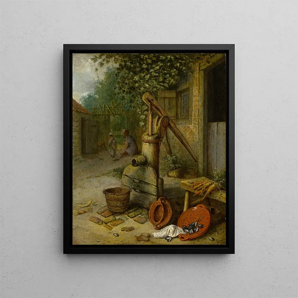 Corte di una fattoria con pozzo di pompaggio - Adriaen van Ostade — quadro incorniciato alla parete