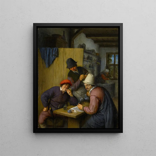 Tre contadini che bevono e fumano in una taverna - Adriaen van Ostade — quadro incorniciato alla parete