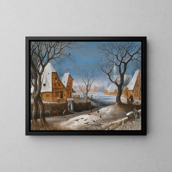 Un paesaggio invernale con figure in un villaggio - Adriaen van Stalbemt — quadro incorniciato alla parete