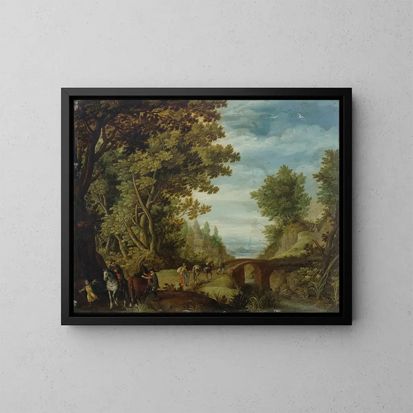 Un paesaggio boscoso con viaggiatori che attraversano un ponte - Adriaen van Stalbemt — quadro incorniciato alla parete