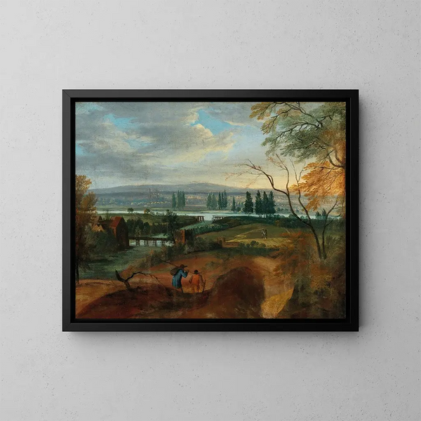 Un vasto paesaggio collinare con un fiume - Adriaen van Stalbemt — quadro incorniciato alla parete