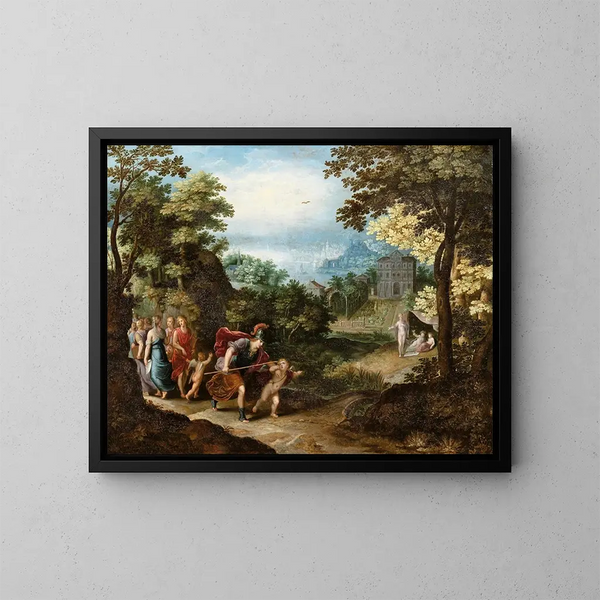 Apollo e Minerva che abbandonano le Muse per Venere, Cerere e Bacco - Adriaen van Stalbemt — quadro incorniciato alla parete