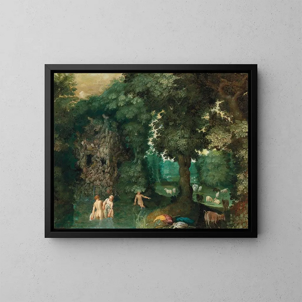 Ninfa che si bagna in una foresta - Adriaen van Stalbemt — quadro incorniciato alla parete