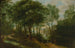 Figures sur un chemin boisé avec un bâtiment derrière - Adriaen van Stalbemt — vista dell’opera