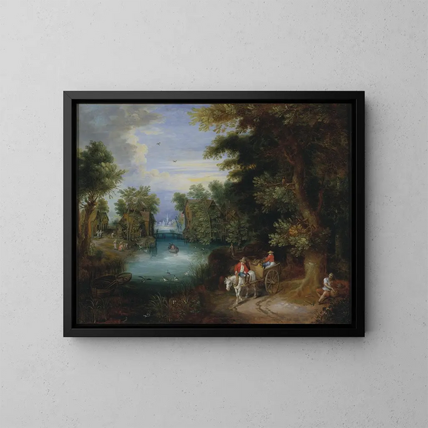 Paesaggio fluviale con contadini - Adriaen van Stalbemt — quadro incorniciato alla parete
