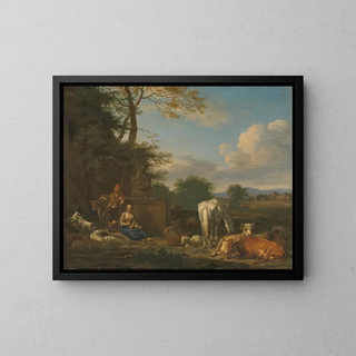 Paesaggio arcadico con pastori e animali in riposo - Adriaen van de Velde — quadro incorniciato alla parete