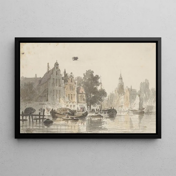 Vista città con canale - Adrianus Eversen — quadro incorniciato alla parete
