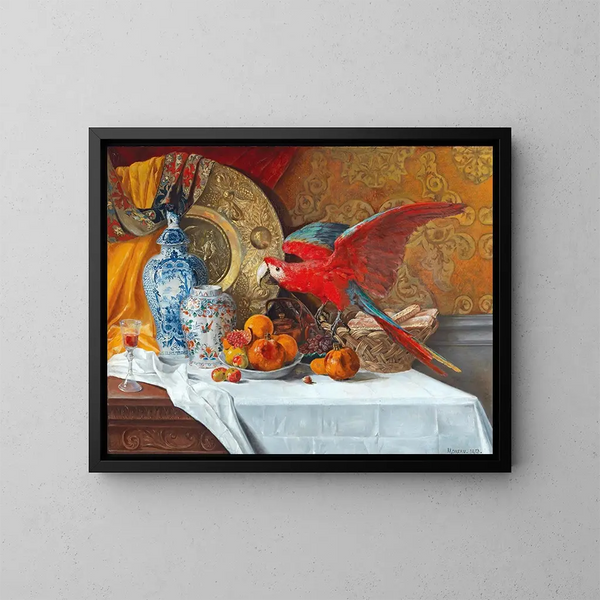 Nature morte con pappagallo - Adrien Moreau — quadro incorniciato alla parete