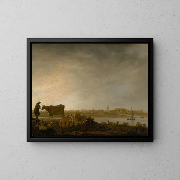 Vista di Vianen con un guardiano del gregge e bestiame vicino a un fiume - Aelbert Cuyp — quadro incorniciato alla parete