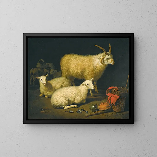 Interno di stalla con un ariete a quattro corna, quattro pecore e una capra, accompagnato da una natura morta con un paniere e vasi rovesciati a destra - Aelbert Cuyp — quadro incorniciato alla parete