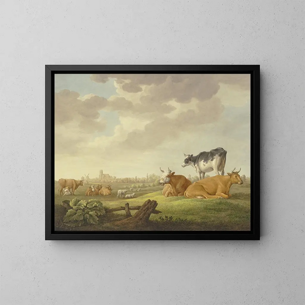 In un prato, capre e pecore, in lontananza una città, a sinistra una lattante - Aelbert Cuyp — quadro incorniciato alla parete