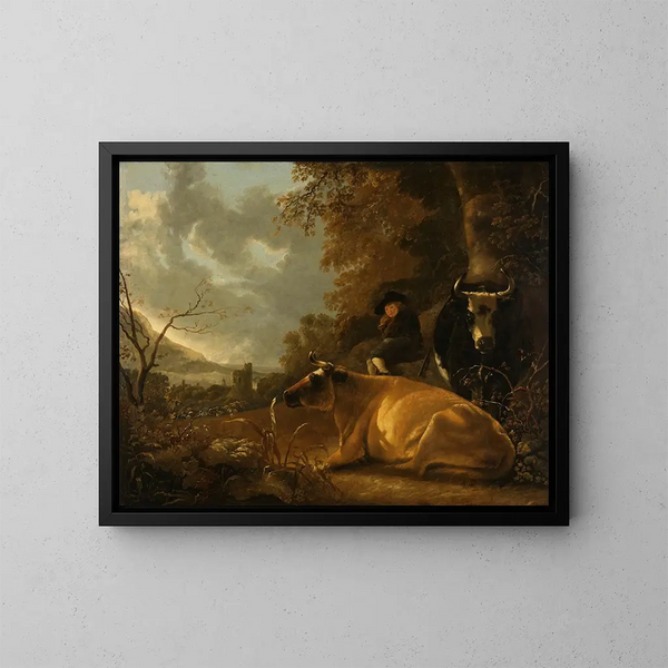 Paesaggio con mucche e un giovane pastore - Aelbert Cuyp — quadro incorniciato alla parete