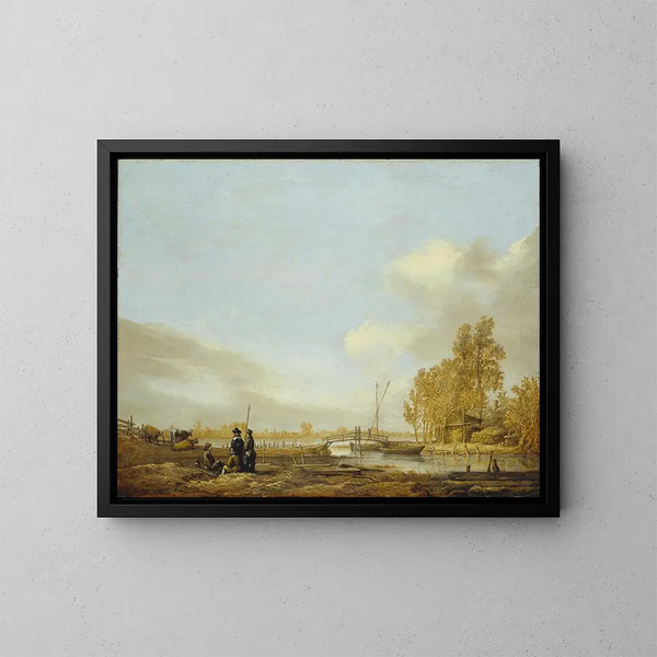 Paesaggio fluviale con un ponte di legno - Aelbert Cuyp — quadro incorniciato alla parete
