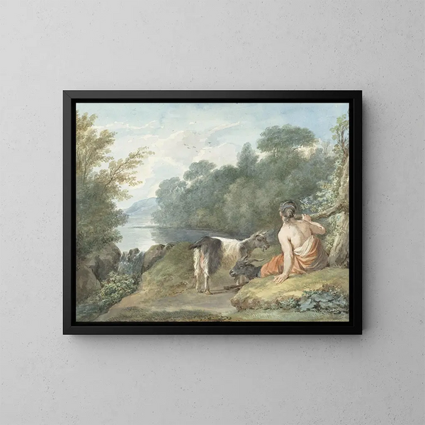 Bergère con capre in un paesaggio con un lago - Aert Schouman — quadro incorniciato alla parete
