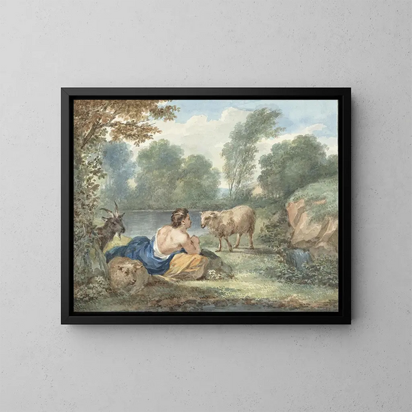 Bergère con pecore in un paesaggio con uno stagno - Aert Schouman — quadro incorniciato alla parete