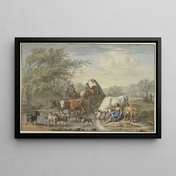 Aert Schouman - Hirten fahren mit einem Wagen durchs Wasser rechts eine Hirtin die sich die Fe wscht bei einer weien Kuh.webp