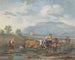 I pastori conducono le capre attraverso l'acqua, a sinistra una donna porta il suo bambino sulla schiena, a destra un'altra monta un asino. - Aert Schouman — vista dell’opera