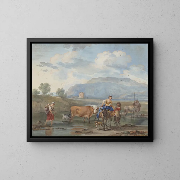 I pastori conducono le capre attraverso l'acqua, a sinistra una donna porta il suo bambino sulla schiena, a destra un'altra monta un asino. - Aert Schouman — quadro incorniciato alla parete