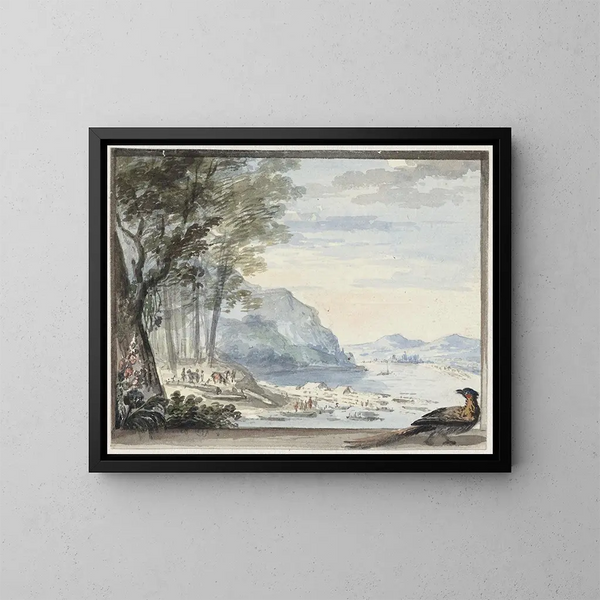 Paesaggio fluviale con un gallo in primo piano - Aert Schouman — quadro incorniciato alla parete