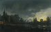 Paesaggio fluviale al chiaro di luna con personaggi vicino a una porta, un villaggio oltre - Aert van der Neer — vista dell’opera