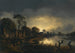 Paesaggio fluviale al crepuscolo con figure che camminano lungo un sentiero verso un villaggio a sinistra, una chiesa in lontananza - Aert van der Neer — vista dell’opera