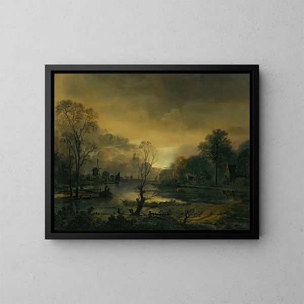 di un paesaggio fluviale al tramonto con pescatori che tirano la loro rete in primo piano, mulini a vento in lontananza - Aert van der Neer — quadro incorniciato alla parete