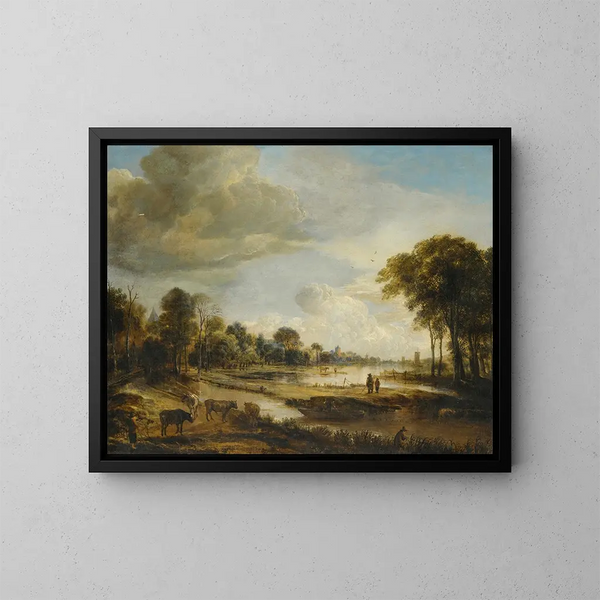 Un paesaggio fluviale con figure e bestiame - Aert van der Neer — quadro incorniciato alla parete