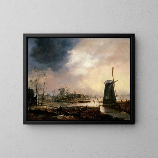 Un paesaggio invernale con un mulino a vento - Aert van der Neer — quadro incorniciato alla parete