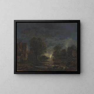 Un paesaggio al chiaro di luna con un'osteria sul bordo di un fiume - Aert van der Neer — quadro incorniciato alla parete