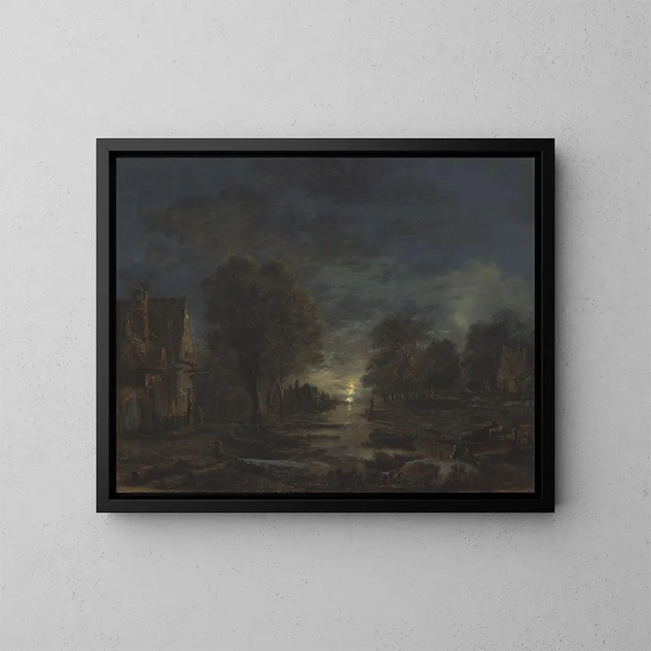 Un paesaggio al chiaro di luna con un'osteria sul bordo di un fiume - Aert van der Neer — quadro incorniciato alla parete