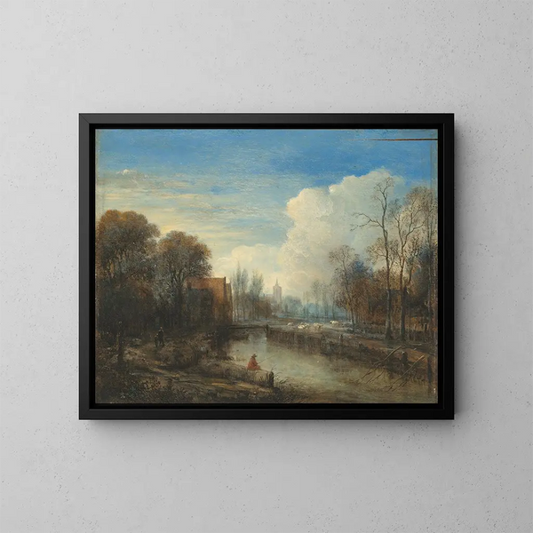 Un paesaggio fluviale con un pescatore e delle pecore sulle rive - Aert van der Neer — quadro incorniciato alla parete
