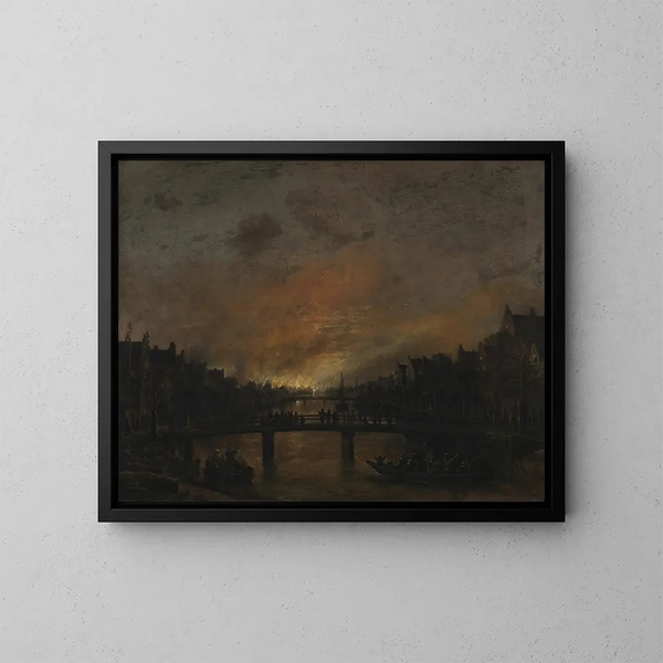 Incendio ad Amsterdam di notte - Aert van der Neer — quadro incorniciato alla parete