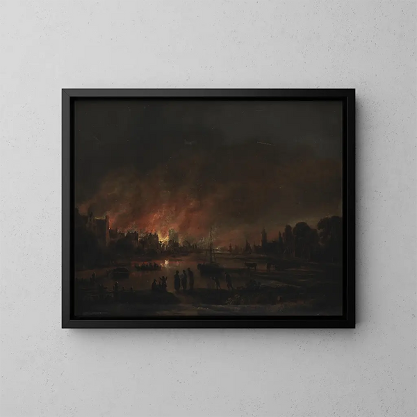 Incendio in un villaggio di notte - Aert van der Neer — quadro incorniciato alla parete