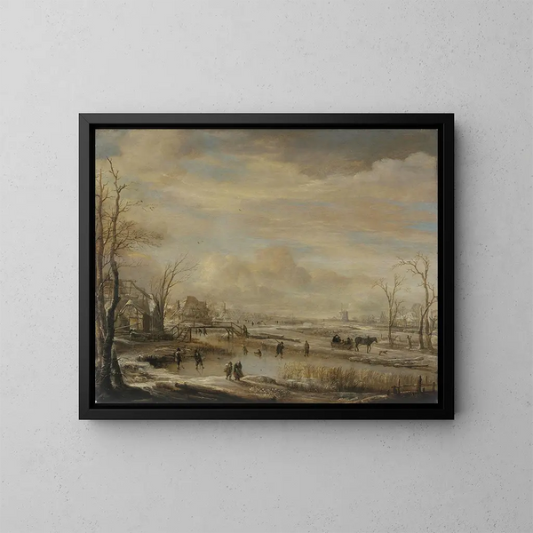 Rivière gelée con un ponte pedonale - Aert van der Neer — quadro incorniciato alla parete