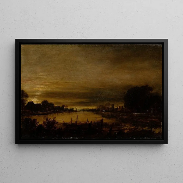 Paesaggio con canale al crepuscolo - Aert van der Neer — quadro incorniciato alla parete