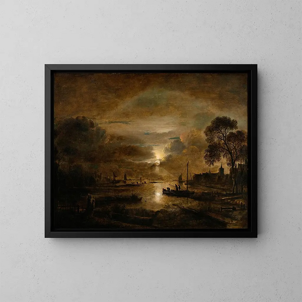 Luce della luna su un fiume olandese - Aert van der Neer — quadro incorniciato alla parete