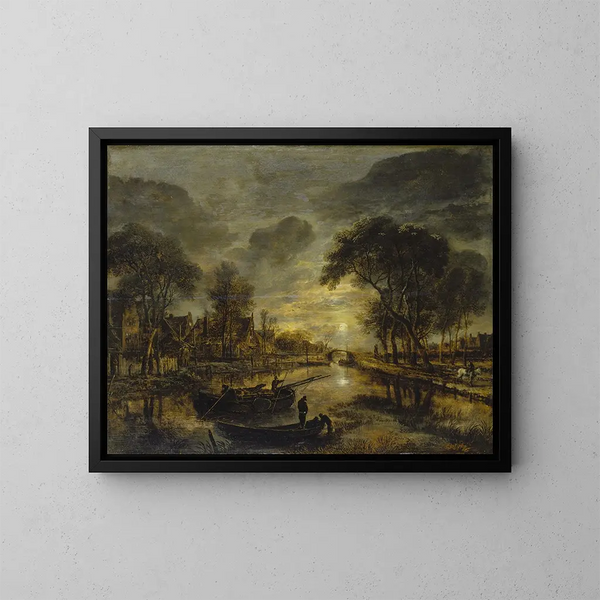 Paesaggio notturno del canale con barche da pesca - Aert van der Neer — quadro incorniciato alla parete