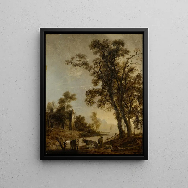 Bordo del fiume con bestiame - Aert van der Neer — quadro incorniciato alla parete