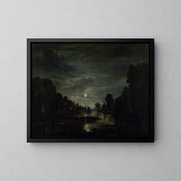 Paesaggio fluviale al chiaro di luna - Aert van der Neer — quadro incorniciato alla parete